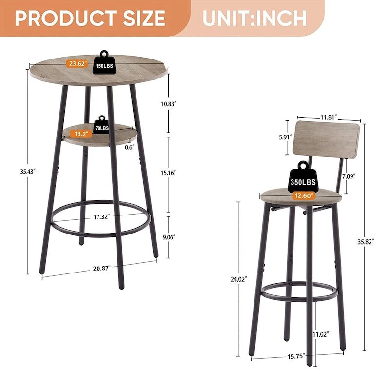 Ensemble de salle à manger 3 pièces, table de bistrot ronde à 2 niveaux et chaise rembourrée