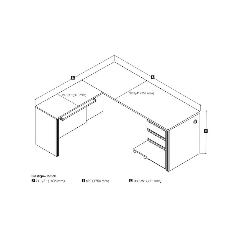 Bureau d'angle en L Prestige, Grand bureau à domicile avec rangement