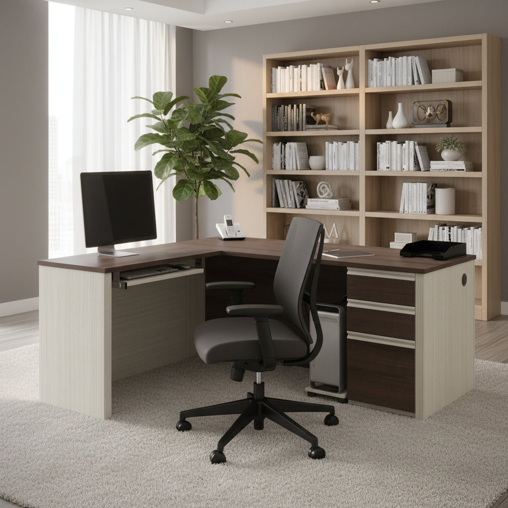 Bureau d'angle en L Prestige, Grand bureau à domicile avec rangement