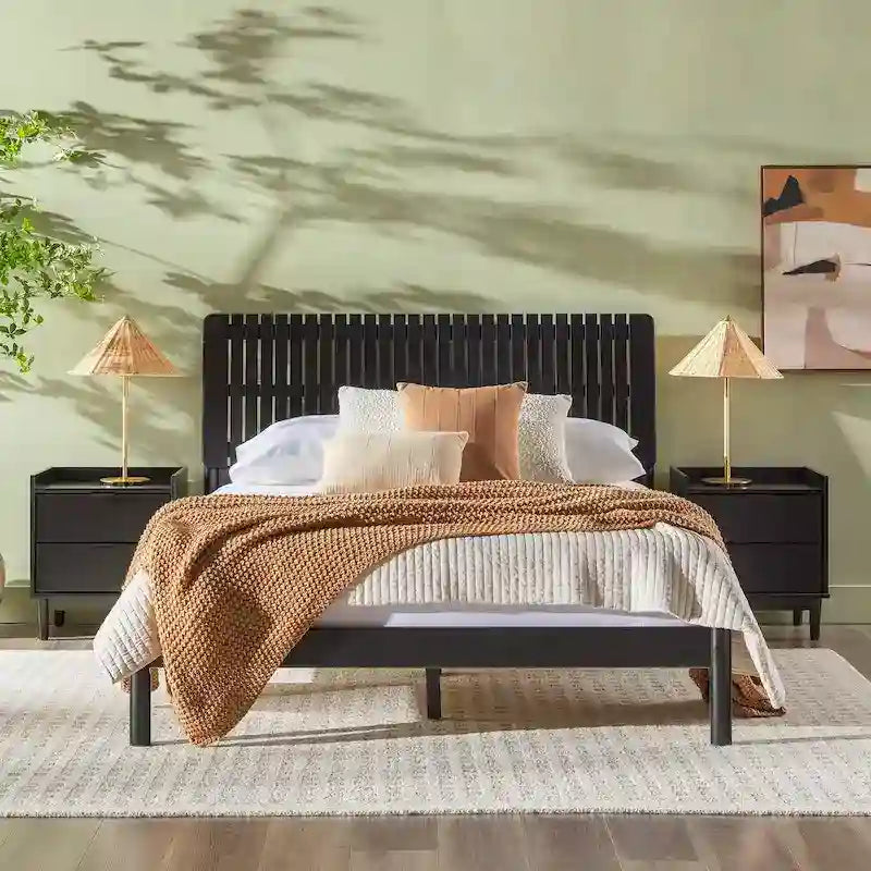 Lit Queen Moderne avec Tête de Lit à Lattes, Cadre de Lit Plateforme en Bois, Style Minimaliste