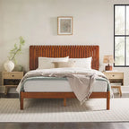 Lit Queen Moderne avec Tête de Lit à Lattes, Cadre de Lit Plateforme en Bois, Style Minimaliste