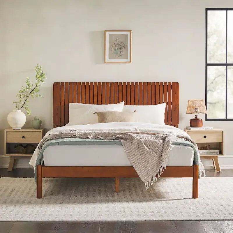 Lit Queen Moderne avec Tête de Lit à Lattes, Cadre de Lit Plateforme en Bois, Style Minimaliste