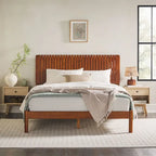 Lit Queen Moderne avec Tête de Lit à Lattes, Cadre de Lit Plateforme en Bois, Style Minimaliste