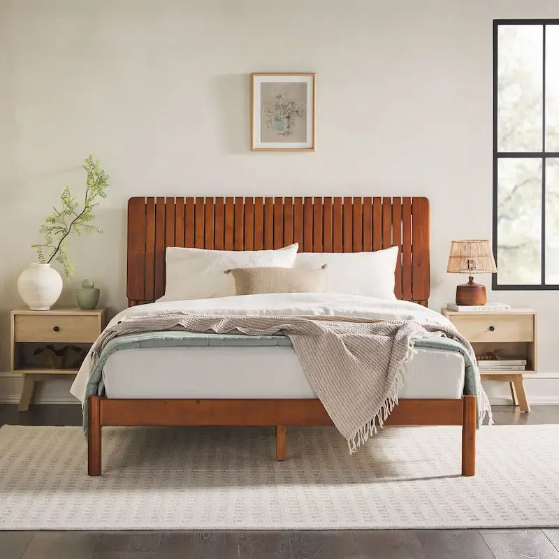 Lit Queen Moderne avec Tête de Lit à Lattes, Cadre de Lit Plateforme en Bois, Style Minimaliste