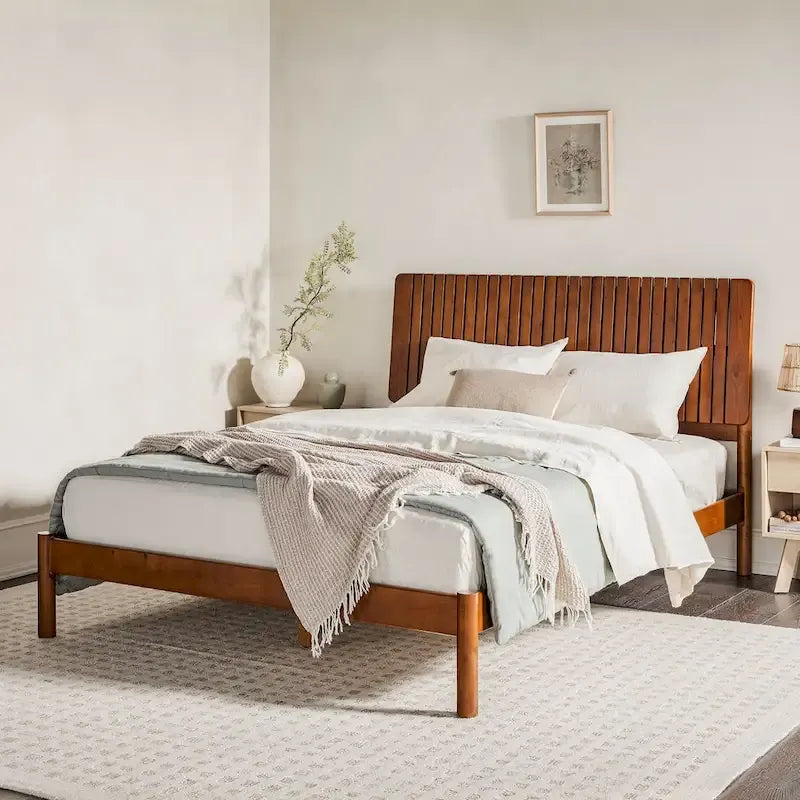 Lit Queen Moderne avec Tête de Lit à Lattes, Cadre de Lit Plateforme en Bois, Style Minimaliste