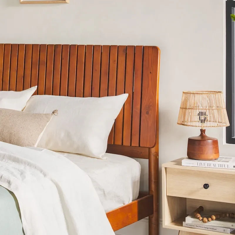 Lit Queen Moderne avec Tête de Lit à Lattes, Cadre de Lit Plateforme en Bois, Style Minimaliste