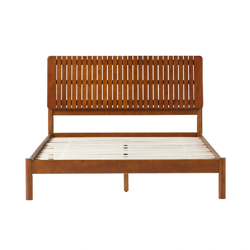 Lit Queen Moderne avec Tête de Lit à Lattes, Cadre de Lit Plateforme en Bois, Style Minimaliste