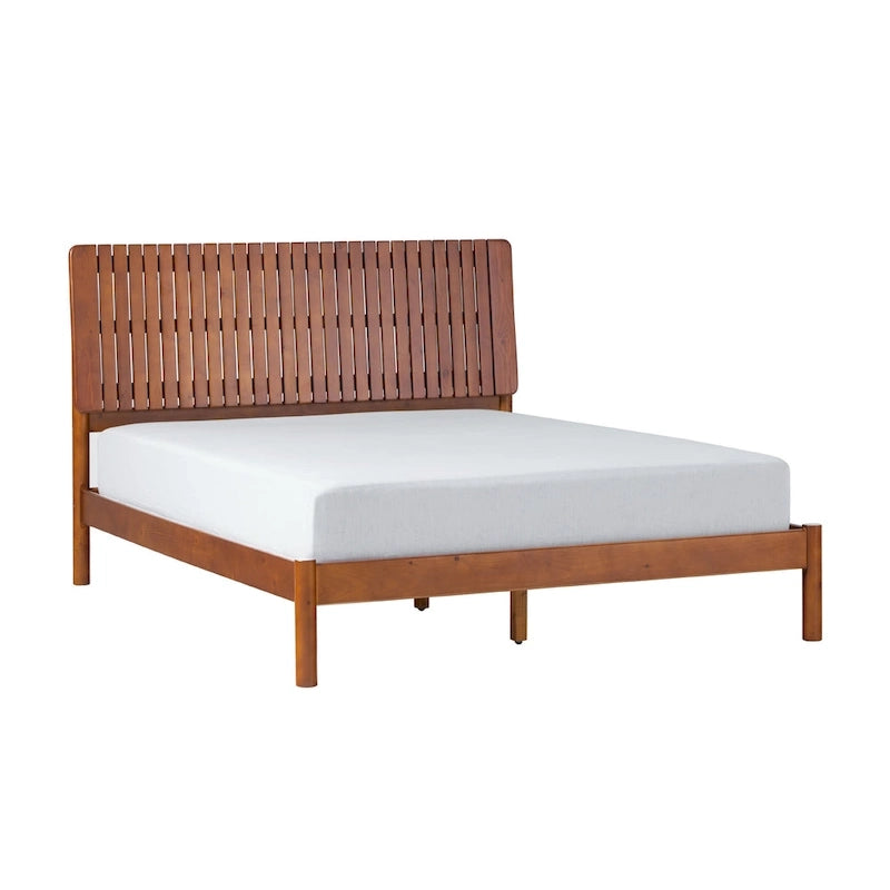 Lit Queen Moderne avec Tête de Lit à Lattes, Cadre de Lit Plateforme en Bois, Style Minimaliste