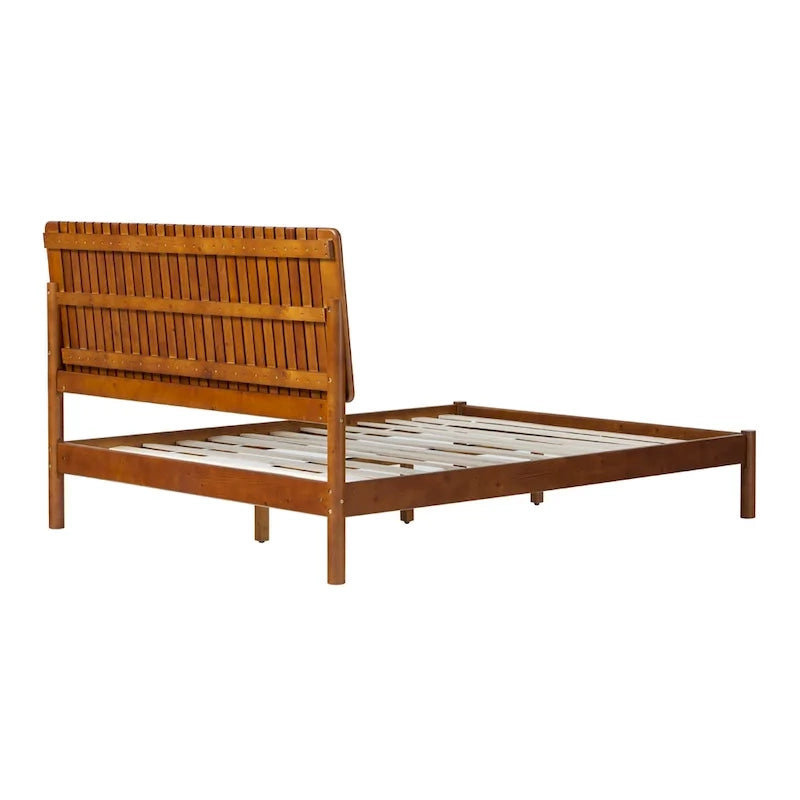 Lit Queen Moderne avec Tête de Lit à Lattes, Cadre de Lit Plateforme en Bois, Style Minimaliste