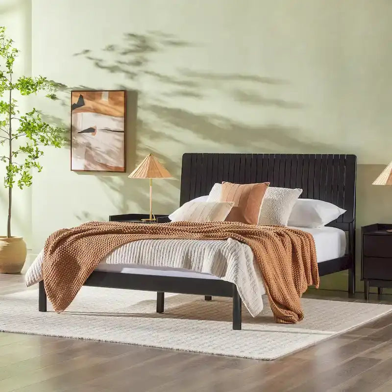 Lit Queen Moderne avec Tête de Lit à Lattes, Cadre de Lit Plateforme en Bois, Style Minimaliste