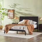 Lit Queen Moderne avec Tête de Lit à Lattes, Cadre de Lit Plateforme en Bois, Style Minimaliste