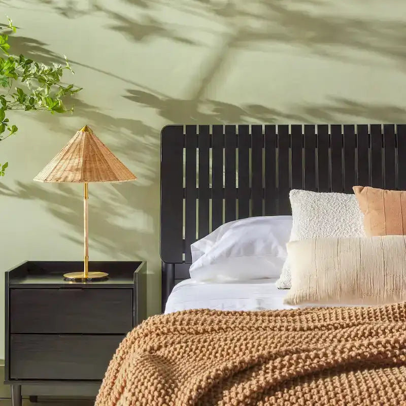 Lit Queen Moderne avec Tête de Lit à Lattes, Cadre de Lit Plateforme en Bois, Style Minimaliste