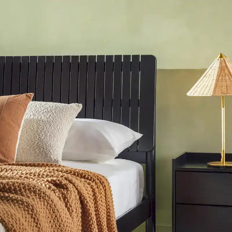 Lit Queen Moderne avec Tête de Lit à Lattes, Cadre de Lit Plateforme en Bois, Style Minimaliste
