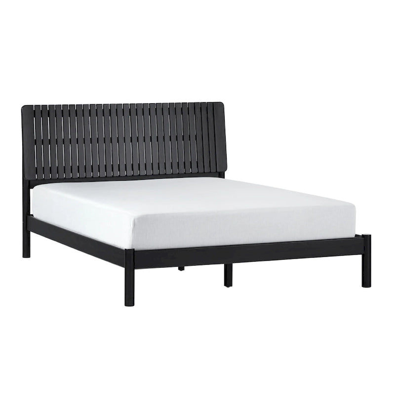 Lit Queen Moderne avec Tête de Lit à Lattes, Cadre de Lit Plateforme en Bois, Style Minimaliste
