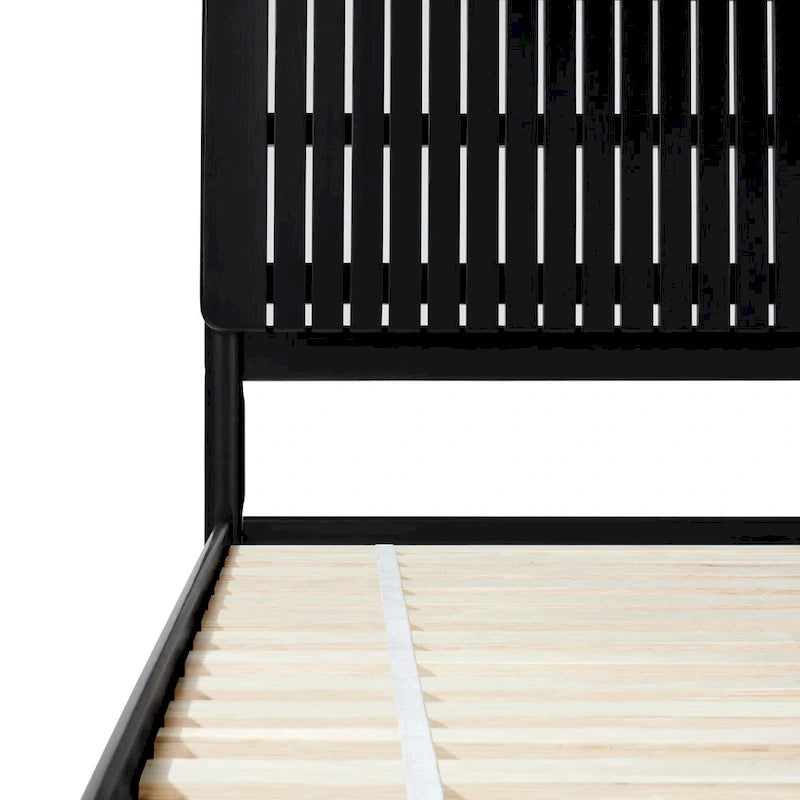 Lit Queen Moderne avec Tête de Lit à Lattes, Cadre de Lit Plateforme en Bois, Style Minimaliste