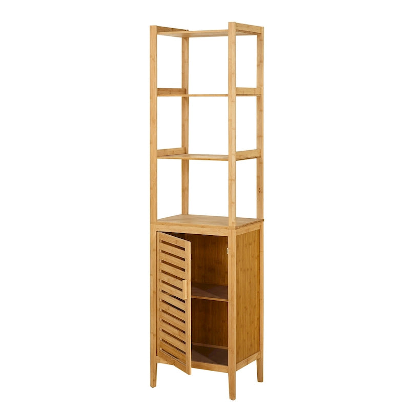 Colonne de rangement de salle de bain contemporaine en bambou naturel, meuble de rangement de salle de bain autoportant