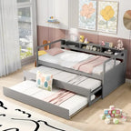Lit de repos en bois Twin XL avec 2 lits gigognes, 3 compartiments de rangement, 1 lampe gratuite et design de chargement USB, Gris