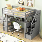 Lit mezzanine simple avec bureau et étagères, deux tiroirs intégrés