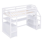 Lit mezzanine simple avec bureau et étagères, deux tiroirs intégrés
