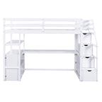 Lit mezzanine simple avec bureau et étagères, deux tiroirs intégrés