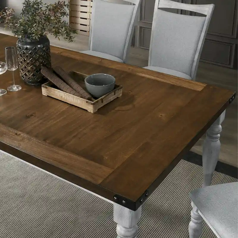 Ensemble de salle à manger 7 pièces avec 6 chaises rembourrées, blanc rustique et chêne