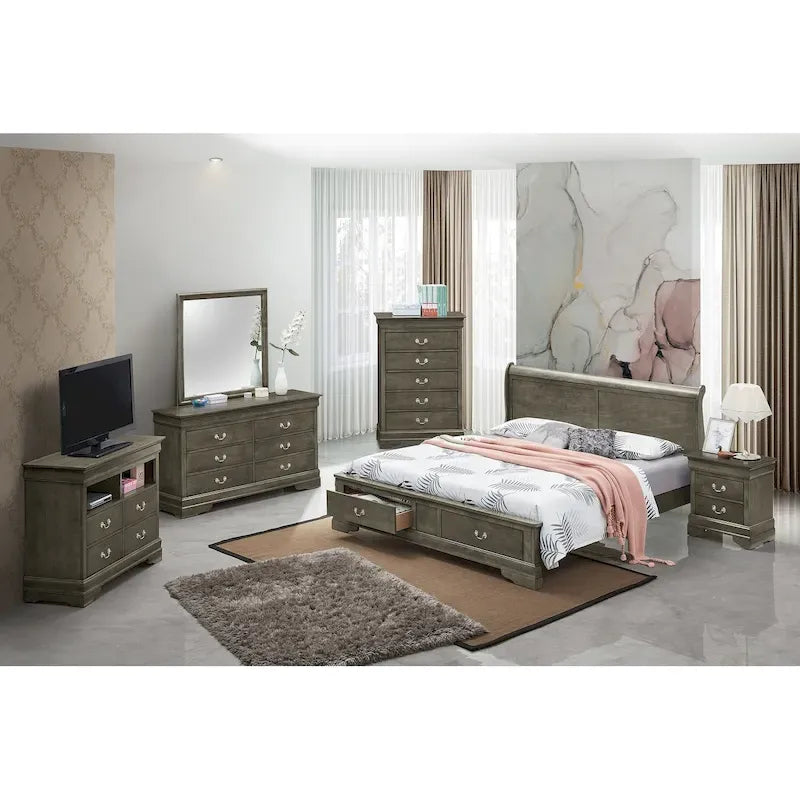 Lit traîneau Queen en bois, meuble de chambre classique d'inspiration française