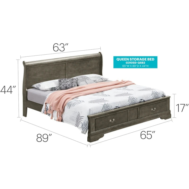 Lit traîneau Queen en bois, meuble de chambre classique d'inspiration française