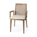 Chaise de salle à manger en tissu crème avec dossier en cannage et cadre en bois massif