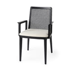 Chaise de salle à manger en tissu crème avec dossier en cannage et cadre en bois massif