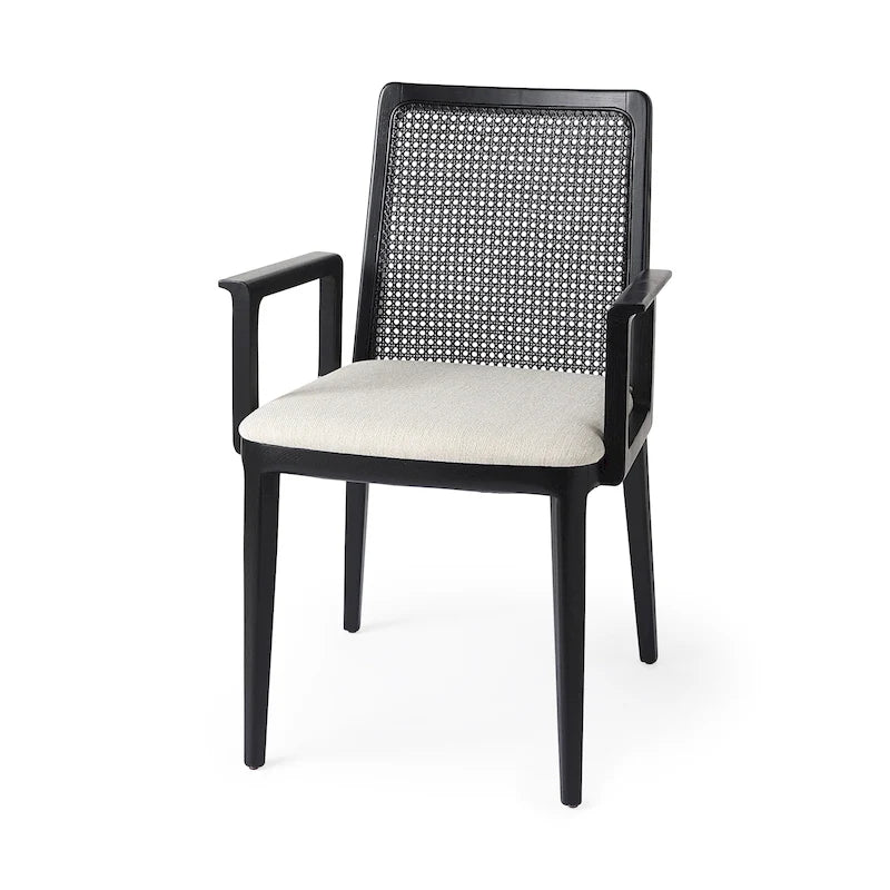 Chaise de salle à manger en tissu crème avec dossier en cannage et cadre en bois massif