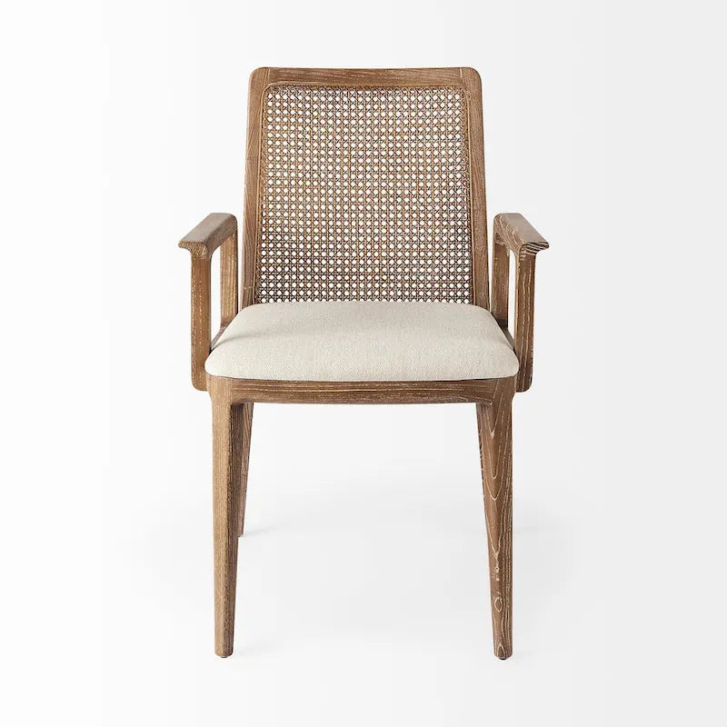 Chaise de salle à manger en tissu crème avec dossier en cannage et cadre en bois massif
