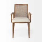Chaise de salle à manger en tissu crème avec dossier en cannage et cadre en bois massif