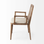 Chaise de salle à manger en tissu crème avec dossier en cannage et cadre en bois massif