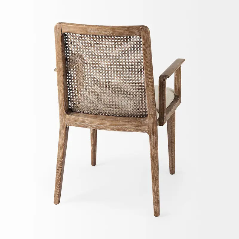 Chaise de salle à manger en tissu crème avec dossier en cannage et cadre en bois massif