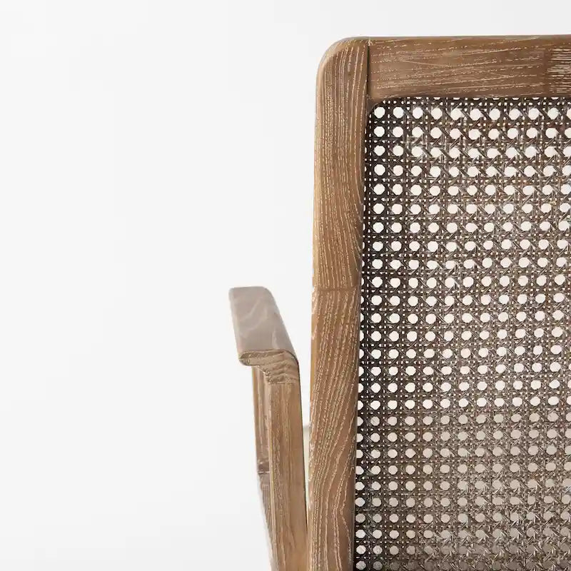 Chaise de salle à manger en tissu crème avec dossier en cannage et cadre en bois massif