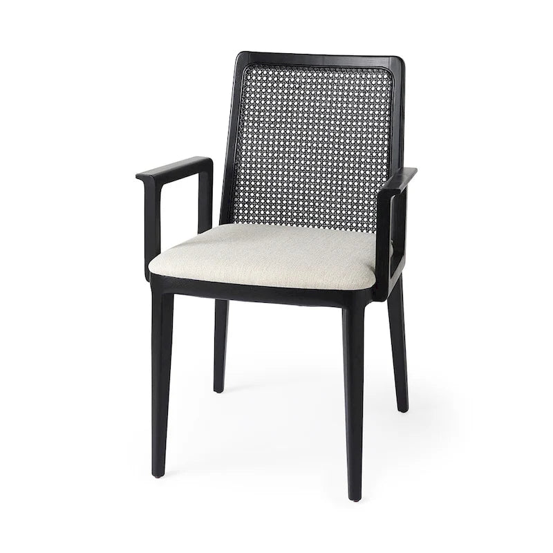 Chaise de salle à manger en tissu crème avec dossier en cannage et cadre en bois massif