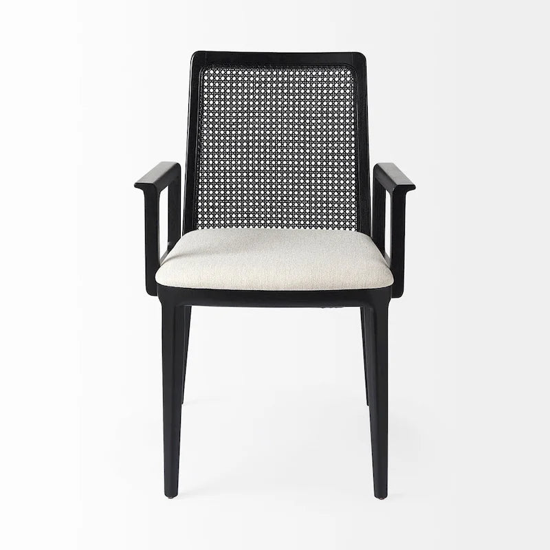 Chaise de salle à manger en tissu crème avec dossier en cannage et cadre en bois massif