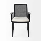 Chaise de salle à manger en tissu crème avec dossier en cannage et cadre en bois massif