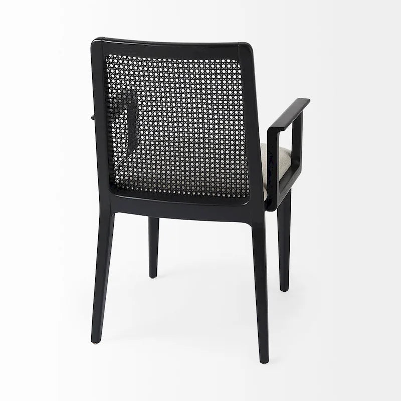 Chaise de salle à manger en tissu crème avec dossier en cannage et cadre en bois massif