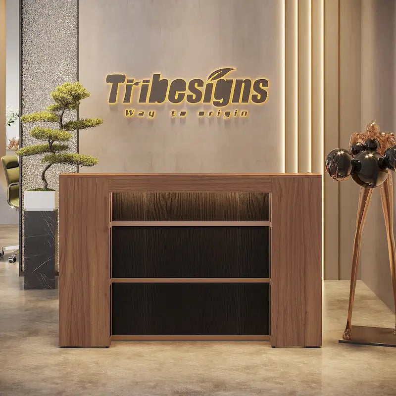 Bureau de réception avec lumières LED, grande table de comptoir de réception avec panneaux privés