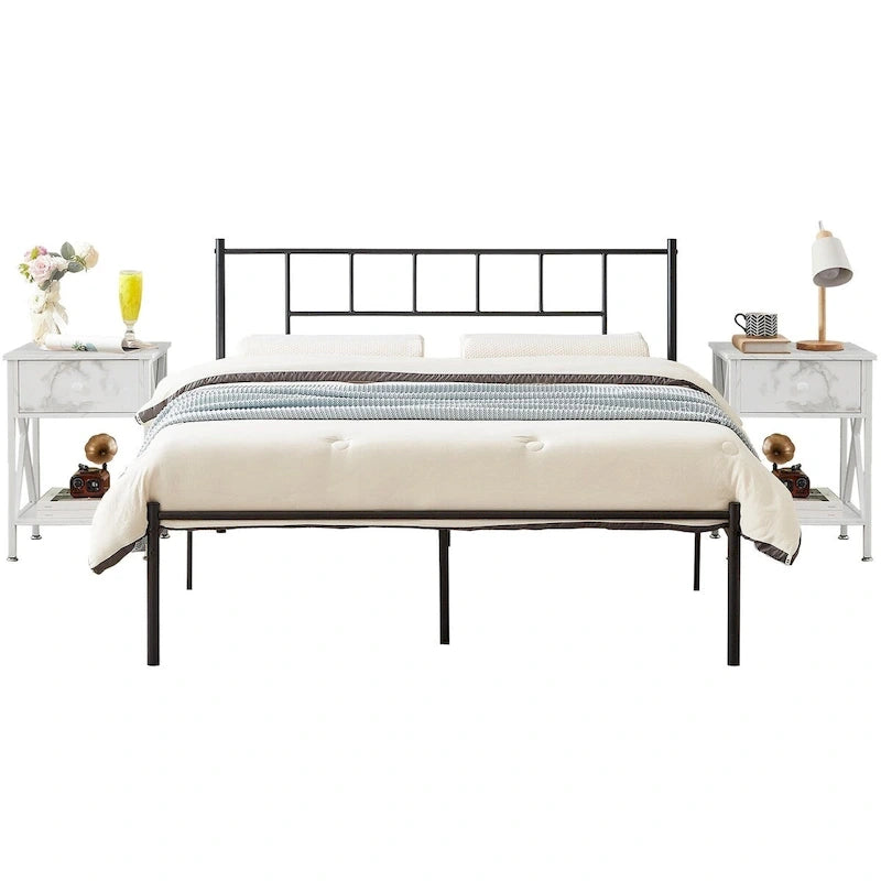Ensemble de lit 3 pièces avec tête de lit en bois et 2 tables de chevet assorties, style moderne