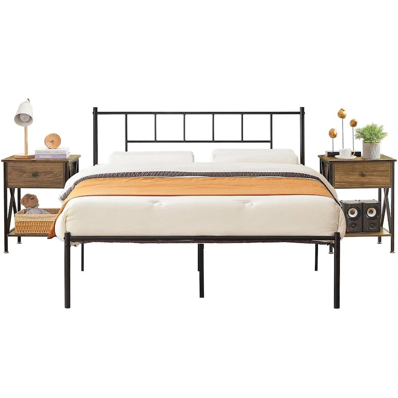 Ensemble de lit 3 pièces avec tête de lit en bois et 2 tables de chevet assorties, style moderne