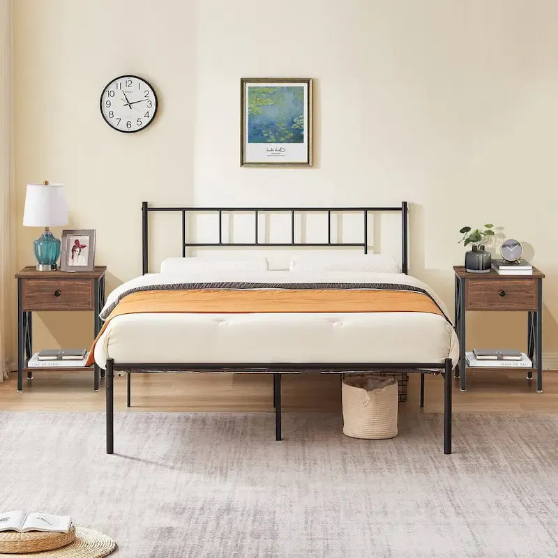 Ensemble de lit 3 pièces avec tête de lit en bois et 2 tables de chevet assorties, style moderne