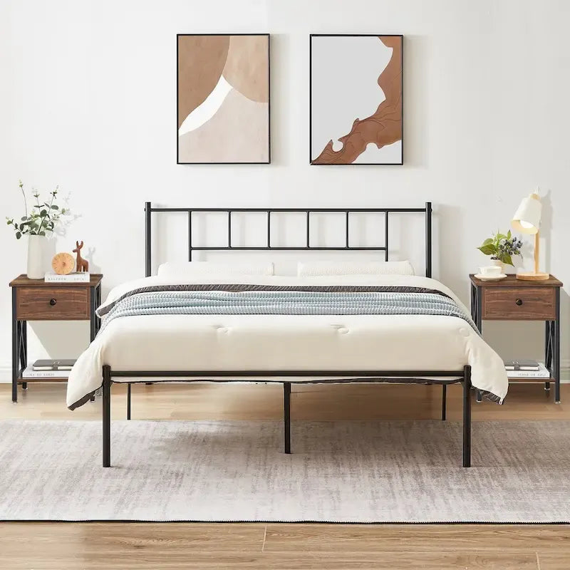 Ensemble de lit 3 pièces avec tête de lit en bois et 2 tables de chevet assorties, style moderne