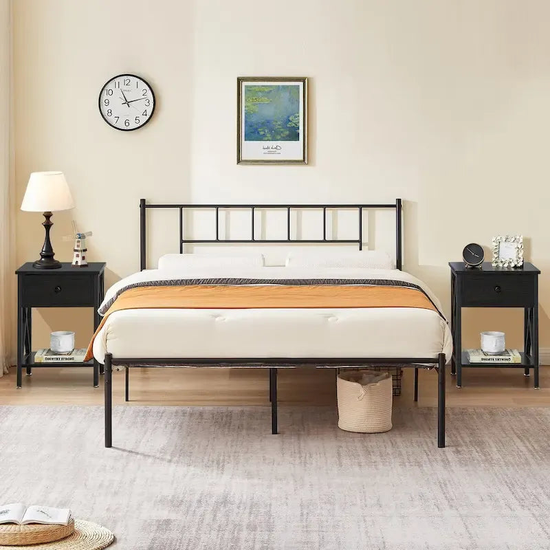 Ensemble de lit 3 pièces avec tête de lit en bois et 2 tables de chevet assorties, style moderne
