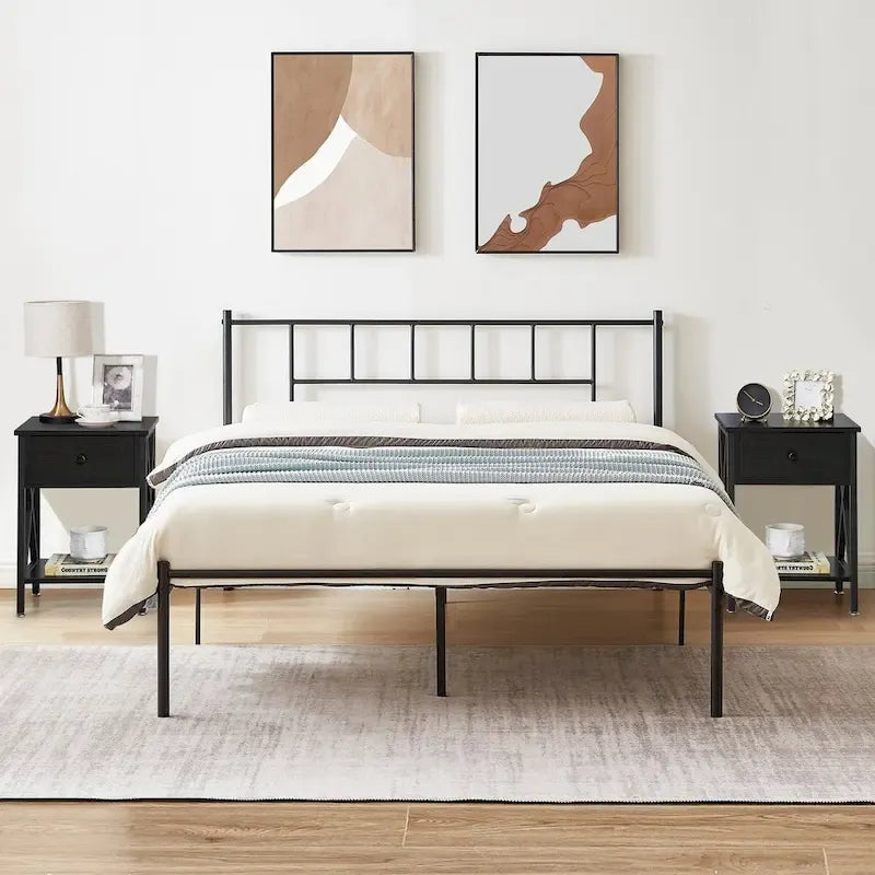 Ensemble de lit 3 pièces avec tête de lit en bois et 2 tables de chevet assorties, style moderne