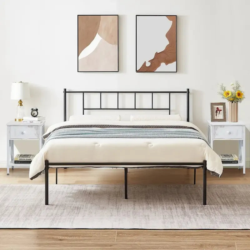 Ensemble de lit 3 pièces avec tête de lit en bois et 2 tables de chevet assorties, style moderne