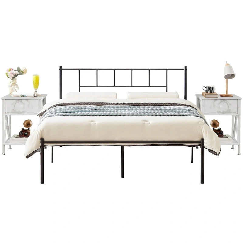 Ensemble de lit 3 pièces avec tête de lit en bois et 2 tables de chevet assorties, style moderne