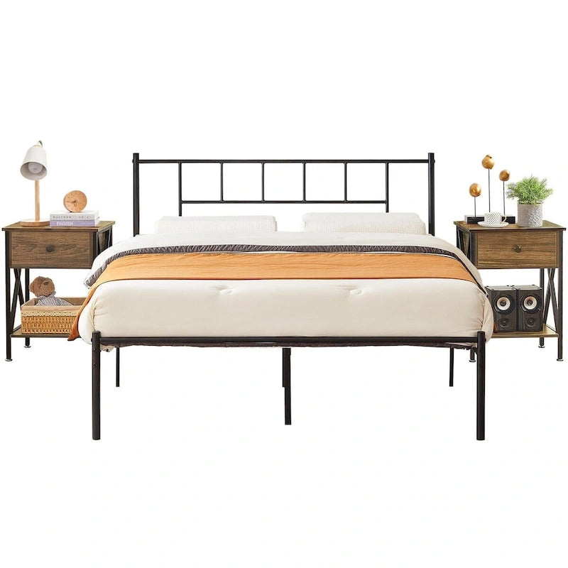 Ensemble de lit 3 pièces avec tête de lit en bois et 2 tables de chevet assorties, style moderne