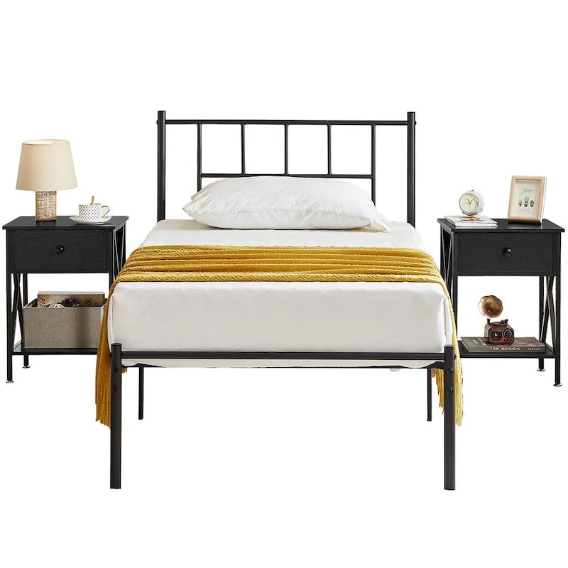 Ensemble de lit 3 pièces avec tête de lit en bois et 2 tables de chevet assorties, style moderne